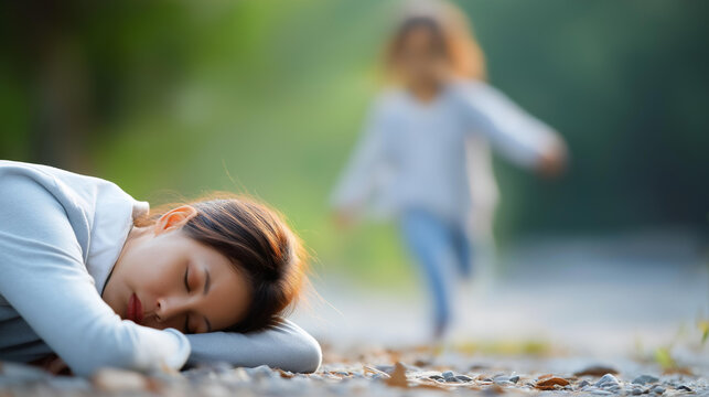 Faceless mother resting on the ground while a hyperactive girl runs around her, conveying parenting fatigue and the wonder of active children. Defocused background. Mom resting