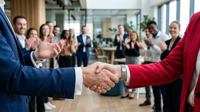Smiling business professionals shaking hands while a diverse corporate team claps and celebrates their successful partnership in a modern bright office