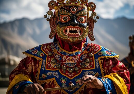 Tibetan monk performing traditional cham dance wearing colorful mask and costume. Ritual Buddhist ceremony in Himalayan region. Cultural heritage tradition and spiritual folk festival concept.