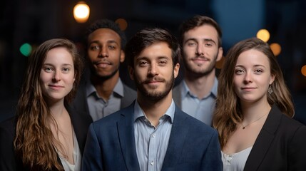 Fototapeta premium Four diverse young professionals standing together in a stylish dimly lit setting conveying a mood of teamwork and success
