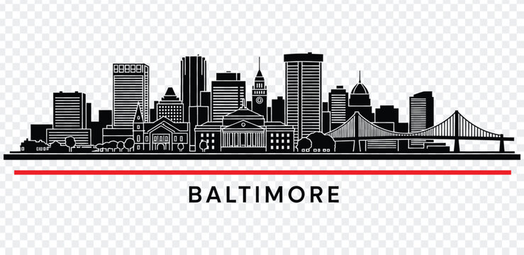 Baltimore city skyline silhouette with red line