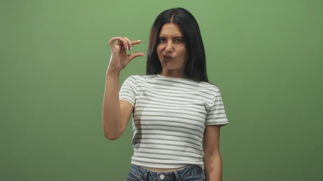 Woman pinches thumb and forefinger to show tiny amount, striped shirt and jeans visible in studio; dismissive.