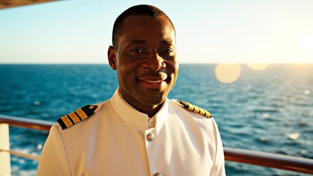 Smiling African American Cruise Ship Captain on Deck at Sunset.