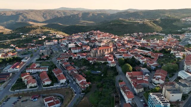 Aerial view of miranda do douro cityscape in portugal at sunset