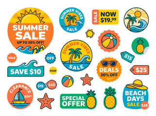 Naklejka premium Summer Sale Sticker Set, Beach Theme Discount Labels, Tropical Promotional Badges, E-commerce Price Tags Collection