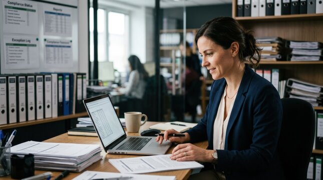 Medium shot of a professional reviewing organized fund compliance documents on a laptop with checklists and exception reports blurred in the background.