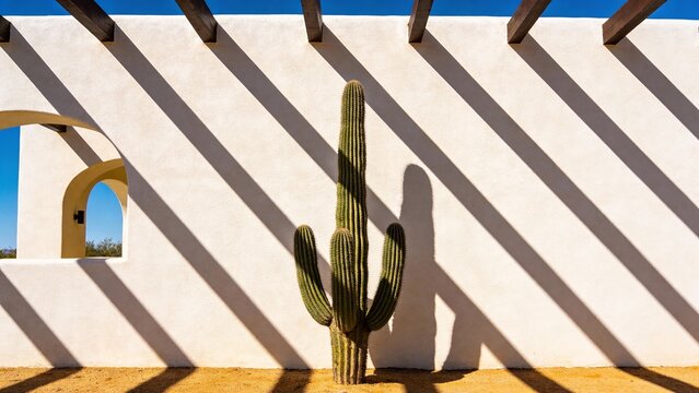 Tall cactus stands against a sunlit adobe wall creating playful shadows in a serene desert landscape Generative AI