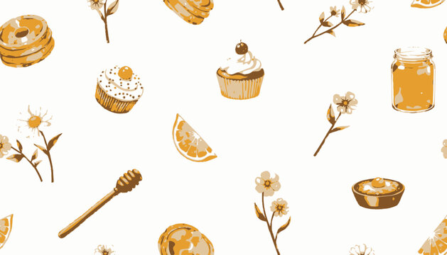 Illustrative Pattern of Sweet Cupcakes, Honey, Lemon and Flowers on Bright Background Highlighting Delicate Confectionery and Nature Elements in Harmony