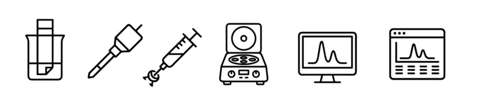 Set of scientific laboratory equipment icons in a black line art style, showing a centrifuge, syringe, pipette, pH meter, and a monitor with a chromatogram