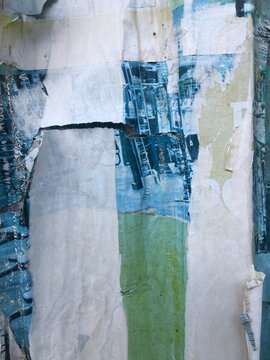 Torn peeling paper collage posters street art background layered ripped billboard advertisements, blue, white