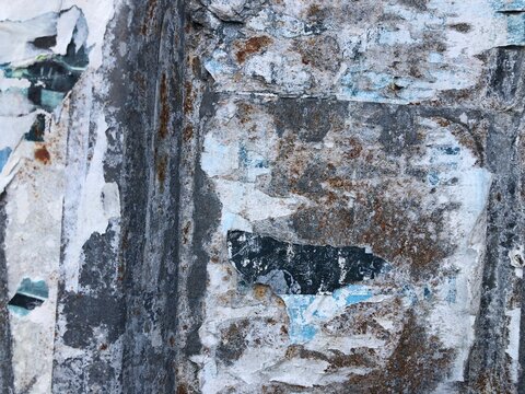 Torn peeling paper collage posters street art background layered ripped billboard advertisements, blue, white