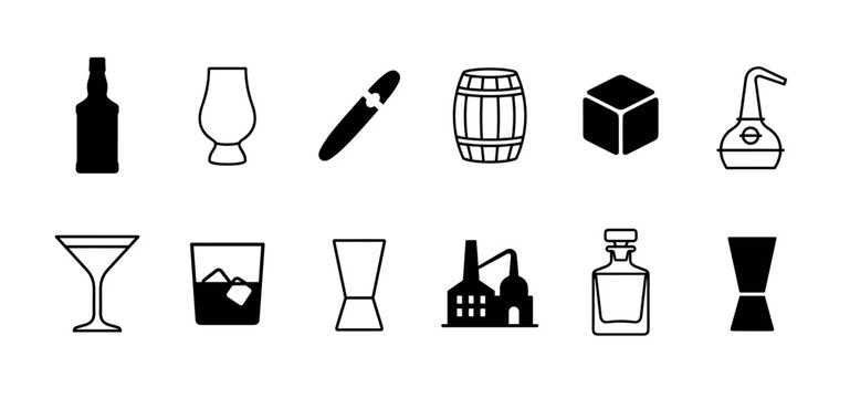 Diverse set of black and white whiskey icons and cocktail elements, featuring various glasses, bottles, distillery equipment, and drinking accessories in a clean, minimalist style