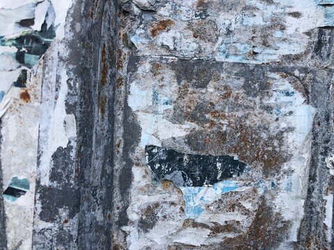 Torn peeling paper collage posters street art background layered ripped billboard advertisements, blue, white