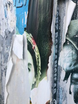 Torn peeling paper collage posters street art background layered ripped billboard advertisements, blue, white