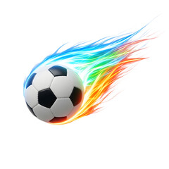 Naklejka premium Soccer ball with dynamic rainbow fire and speed trails on isolated white background football colorful