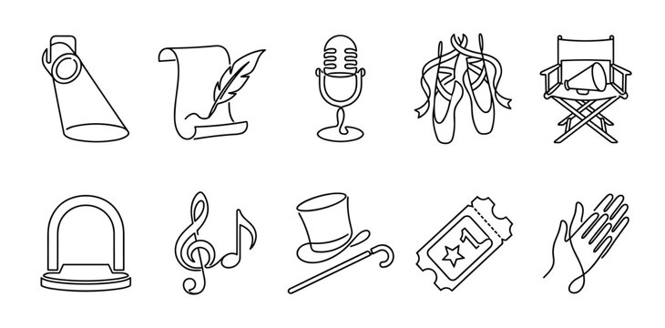 Set of ten performing arts icons in a minimalist line art style, featuring a spotlight, microphone, ballet shoes, director's chair, stage, ticket, and top hat for entertainment concepts