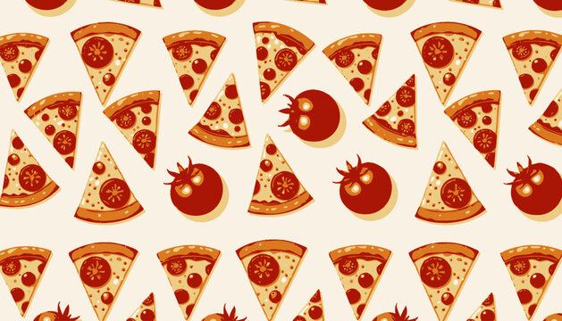 A vibrant seamless pattern featuring alternating slices of delicious tomato-topped pizza and whole red tomatoes on a light background, perfect for food-themed designs