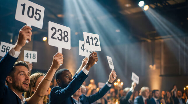 Participants hold up bidding paddles at a crowded auction event taking place at an auction house. The atmosphere is lively with bidders engaged in competitive offers