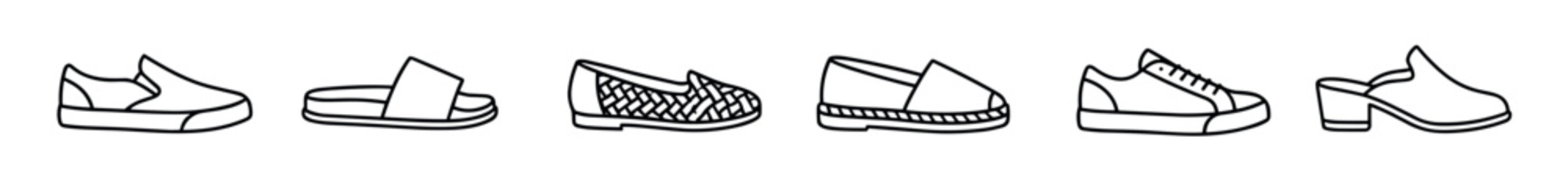 Six different outline shoe icons are neatly arranged in a horizontal row, showcasing various footwear styles from casual slip-ons to elegant heeled mules with clean, minimalist line art