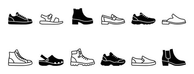 Obraz premium Diverse collection of black and white shoe icons representing various footwear styles, including sneakers, boots, sandals, and loafers, presented in a clean, minimalist graphic illustration