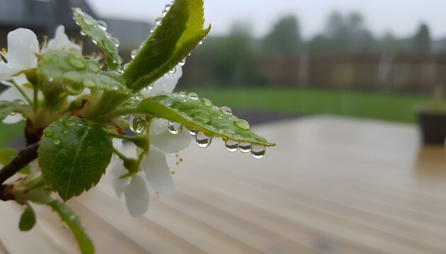Macro shot of white cherry blossoms and green leaves covered in heavy water droplets after a spring rain, representing renewal and purity for nature growth concept