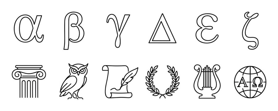 Collection of black outline Greek symbols and ancient cultural icons are neatly arranged in two rows, representing education, history, and classical knowledge with a clean, minimalist aesthetic