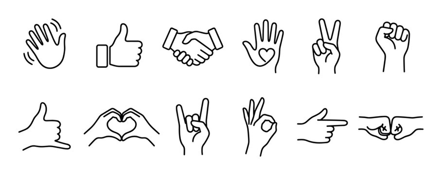 Twelve distinct outline hand gestures and human communication symbols are presented in a clean, minimalist line art style, conveying various meanings like approval, peace, love, and agreement