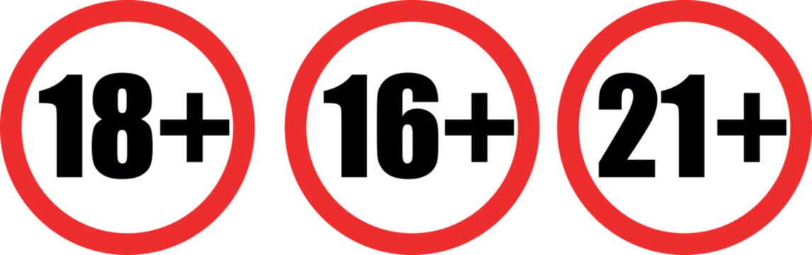 Age restriction icons 16+, 18+, 21+ &ndash; adult content rating symbols