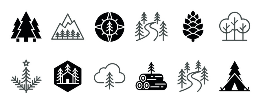 Diverse collection of minimalist nature and forest icons, featuring trees, mountains, paths, and camping elements in a flat black and grey vector style