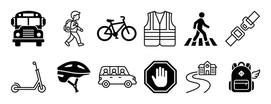 Collection of black and white school safety icons illustrating various modes of transportation and protective measures for children