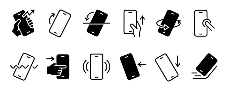 Smartphone action and gesture icon set collection showing various user interface interactions like swipe, rotate, shake, and tap in a minimalist black glyph and line art style