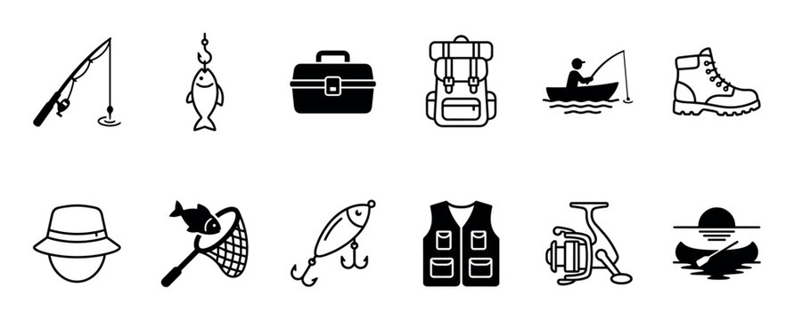This collection of twelve black and white line art icons depicts various fishing and outdoor adventure equipment and activities, rendered in a clean, minimalist style