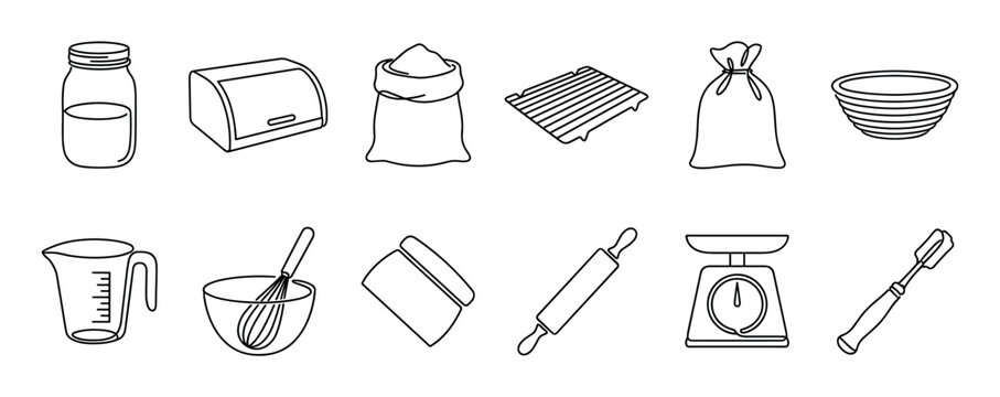 Collection of essential baking tools and ingredients, including a measuring jug, rolling pin, whisk, scales, and flour sacks, rendered in a clean, minimalist line art style