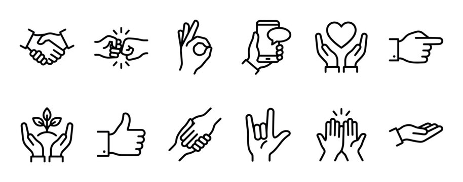 Set of black linear icons depicting various hand gestures for communication, including a handshake, thumbs up, heart sign, and fist bump for concepts of agreement and support