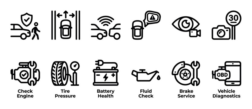 Set of black line art icons representing automotive technology, driver assistance systems, vehicle safety features, and car maintenance services in a clean, minimalist pictogram style