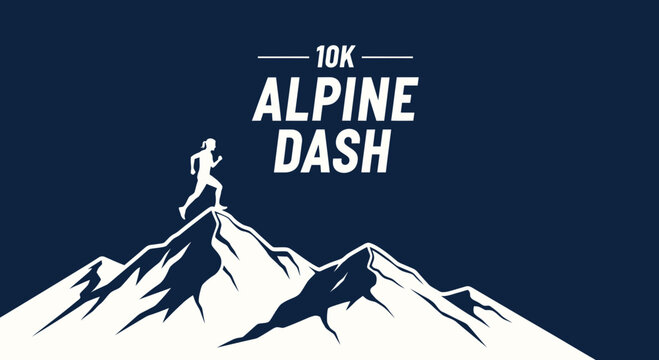Alpine Dash: A Sporty Design Featuring a Runner on Mountain Summit, 10K Race
