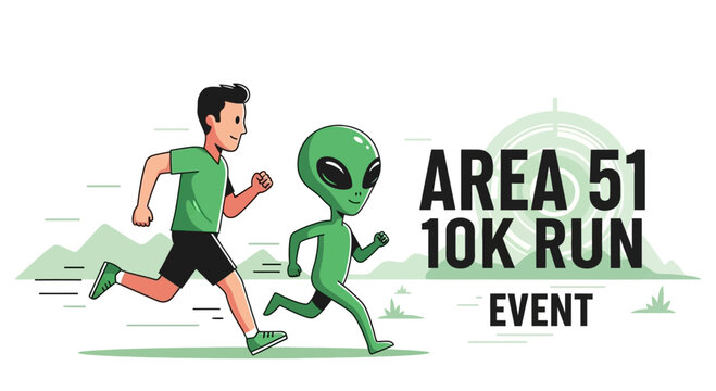 Area 51 10K Run Event: A Humorous Illustration Featuring Human and Extraterrestrial Runner