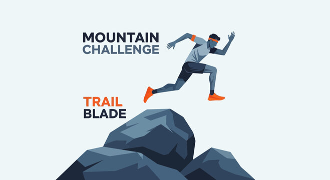 Athlete Leaping Over Rocks During Trail Run, Ready To Conquer Mountain Challenge
