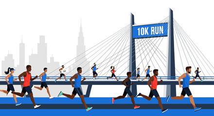 Obraz premium Athletes Engaging In The 10K Run Competition on A Stylish Bridge Vector Illustration