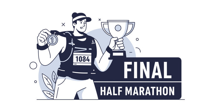 Athlete Celebrates Triumph After Winning a Half Marathon, Holding a Trophy and Medal