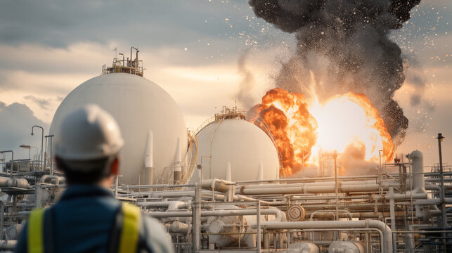 Industrial safety worker monitors explosion at chemical facility during sunset