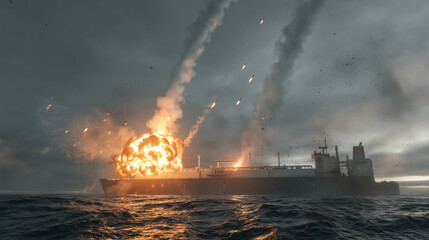 Obraz premium Military missiles strike LNG tanker during intense naval conflict at sea