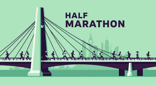 Athletic Event On The Bridge: Half Marathon In A Modern Style Illustration