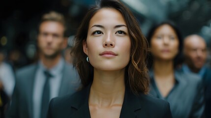 Fototapeta premium A young professional woman looks thoughtfully upward amidst a diverse group of people in a modern corporate setting