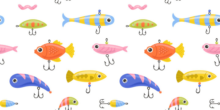 Colorful fish lure seamless pattern. Summer background design. Vacation travel concept. Fishing activity bait cartoon backdrop illustration.