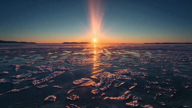 厳冬のブルーアワーに太陽のサンピラーが立ち上る瞬間