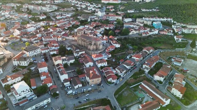 Aerial drone view of freixo de espada a cinta historic town