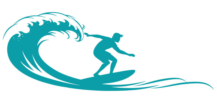 Vector silhouette illustration of a person surfing on a beach with big waves