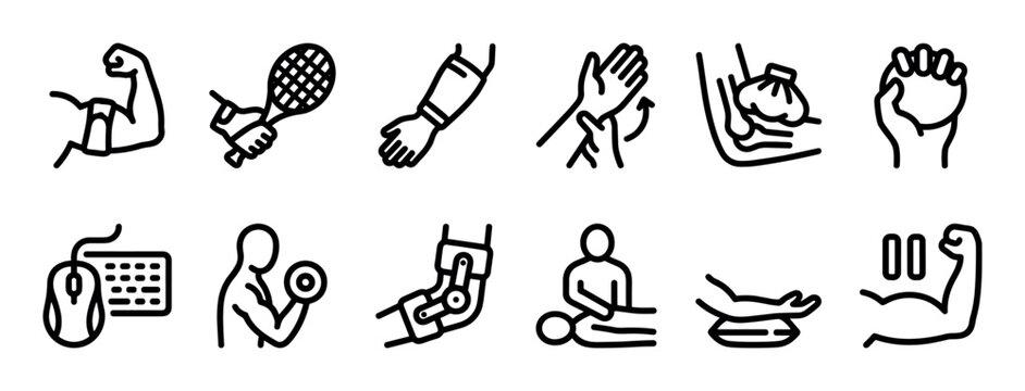 Collection of black line art icons depicting arm and hand health, showing various injuries, therapies, exercises, and common conditions like tennis elbow and carpal tunnel syndrome