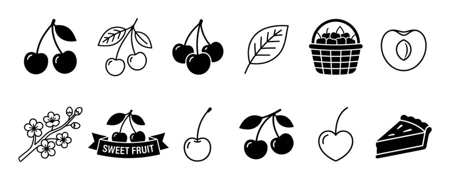 Various black and white cherry icons are displayed in a comprehensive collection, featuring fruit, leaves, a basket, blossom, and a slice of pie, rendered in a clean, graphic style